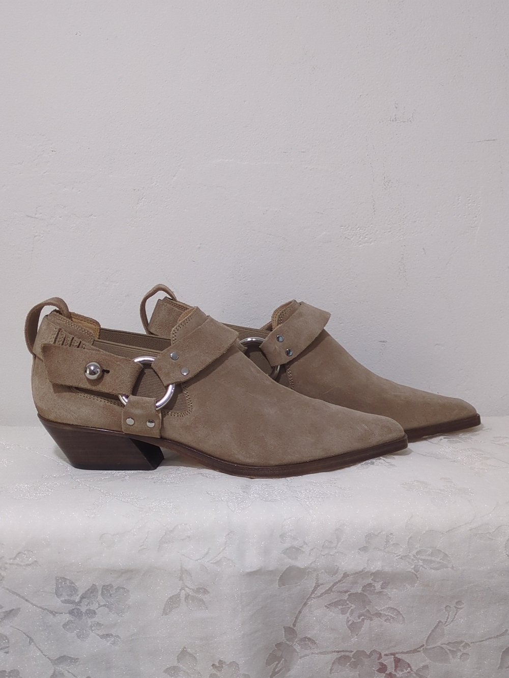 rag & bone beige suede ankle boots with silver hardware